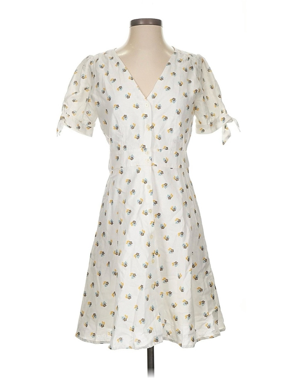 White Gap Floral V-Neck Short Dress with Short Tie Sleeves - Cotton & Linen!